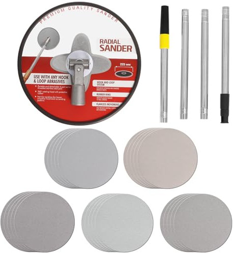 Poweka 9 Inch Radial Drywall Sander, Red, Aluminium Oxide Grit 80, 100, 120, 180, 240, Compatible with Angle Grinder, Includes 25 Sanding Discs and Extension Pole