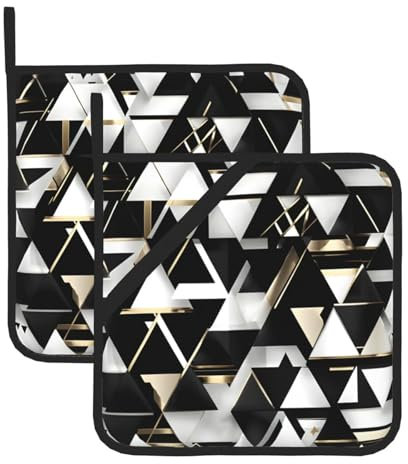 Set di 2 presine moderne con motivo triangolare, nero, bianco, oro, resistente al calore, per cucina, barbecue, microonde