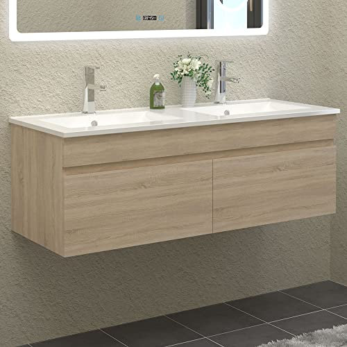 HAPAOSO Meuble de Salle de Bain Double Vasque 120 cm + Casier Couleur chêne(Double Porte Ouverte)