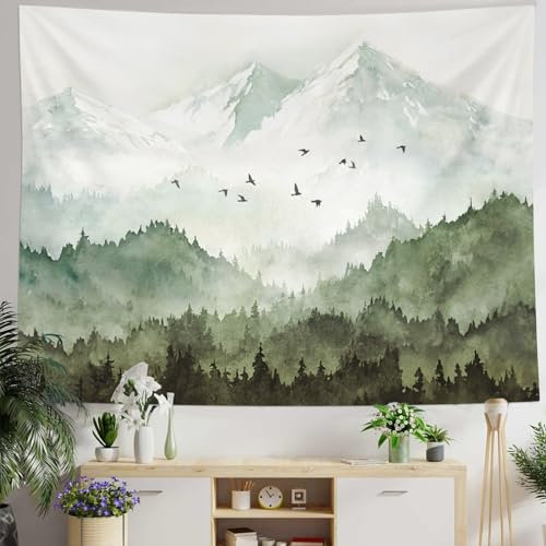 Mountain Forest Tapestry, Misty Foggy Sage Green Tree Landscape Watercolour Art Tapestries, Natural Landscape Tapestry for Bedroom Living Room Background Green, 112.5 x 150 cm
