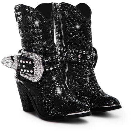 Dolls Kill Sheriff Shine Cowboystiefel von Club Exx - schwarze Strass besetzte Stiefel aus veganem Leder, Schwarz, 35.5 EU