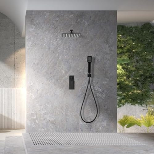 IMEX - Ducha Empotrada Negra Monomando | Kit de Grifería Empotrado con Alcachofa y Rociador Antical Efecto Lluvia | Columna Ducha Empotrada en Latón y Acero Inox S.304 | Serie Fiyi