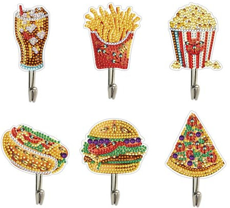 LUSandy 6 Pack DIY 5D Diamond Painting Wall Hooks Kits for Adults Crystal Hamburger Pizza Diamond Art Coat Hook Wall Mount Decorative Hooks for Hanging, Coat, Scarf, Hat, Towel, Key, Bag, Purses