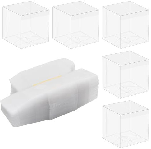 Anseom 50Pcs Clear Favour Boxes 6 x 6 x 6cm Cube Transparent Gift Boxes PVC Plastic Gift Packaging Boxes for Wedding Party Christmas Decorations Cube Favour Boxes for Candy Chocolate