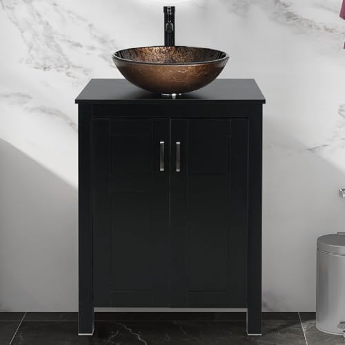 ARTETHYS Bathroom Vanity Units with Basin, 60cm Bathroom Sink Cabinet | Black Bathroom Cabinet Free Standing with Cloakroom Brown Glass Vessel Sink