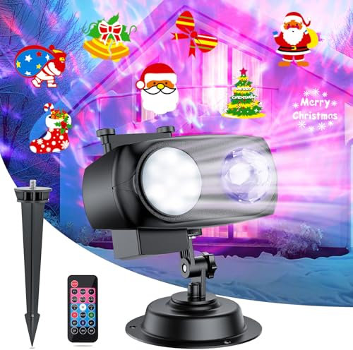 2025 Upgraded Brighter Halloween Christmas Outdoor Projector Lights with 14 HD (3D Ocean Wave+Patterns) Replaceable Slides, Waterproof for Indoor Outdoor Xmas Theme Party Yard Garden Decoration