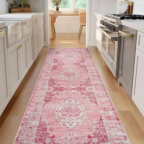 Taleta Waschbarer Flur Läufer Teppich Rosa 80x300cm rutschfest Weich Niederflor Küche Lang Vintage Teppichläufer für Flur Eingang Wohnzimmer
