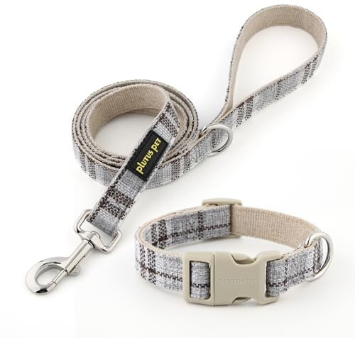 Plutus Pet Cotton Hemp Dog Collar and Leash Set, Adjustable Collar for Small, Medium, and Large Dogs, Heavy Duty and Soft on Skin, Gray Plaid, XS