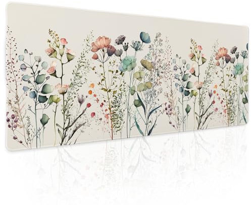 Cute Wild Flowers Mouse Pad XL Boho Aesthetic Floral Chic Plant Extended Table Mat 80X30cm Non-Slip Rubber Base Stitched Edge Large Mousepad for Desk Gaming Laptop Desk Top,31.5×11.8 Inch