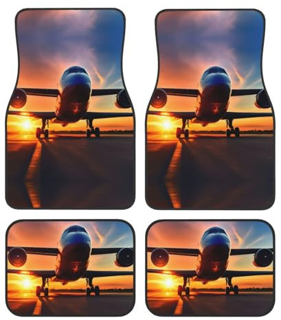 Universelle Auto-Fußmatten, Motiv: Flugzeug, Sonnenuntergang, Himmel, 4-teiliges Set in klassischen Autoteppichmatten, Polyester-Automatten