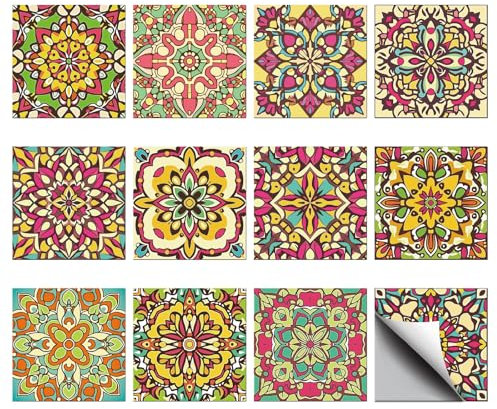 CHGCRAFT 36Pz 12 Stili Mandala giallo caleidoscopio modello Peel e Stick carta da parati autoadesiva adesivi piastrelle carta da parati utilizzati per cucina bagno camera 3.9x3.9 pollici