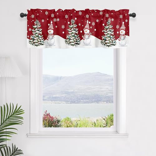 SCHOAL Scheibengardine mit Tunnelzug Scheibenvorhang Blickdicht Gardine mit Weihnachtsbaum und Schneemann Weihnachtsdekoration 1 Stück HxB 45x145 Rot