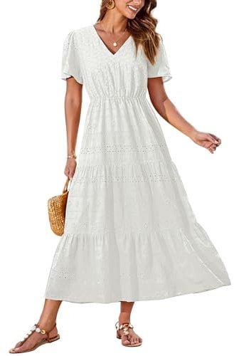 GRACE KARIN Women Summer Elegant Casual Dress Ladies Short Sleeve Midi Dress for Work Office Party Dress Ivory White 2XL
