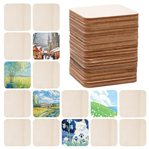 Rebanky 150 Pièces Rectangle Bois Etiquette Petit Rectangle en Bois Tranche de Bois 5 cm Carré Tranche de Bois Brut avec Bloc de Ponçage pour la Sculpture, la Peinture, la Décoration