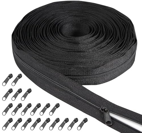 Cerniera Lampo Lunga 20 Metro,Chiusure Lampo per Cucito Abiti Biancheria | Cerniera Continua con 20 Pz Terminali,Cerniere Lampo in Nylon per Cucito al Metro per Cucito e Artigianato