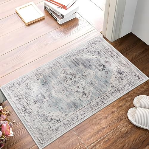 Taleta GORGEOUS Door Mats Indoor Washable, Soft Thin Short Pile Vintage Doormat Inside for Entryway, Hallway, Kitchen Entrance Floor Mat, Green Grey, 50 x 80 cm