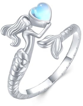 ABIGY Meerjungfrau Ring 925 Sterling Silber Meerjungfrau Verstellbarer Ring Mondstein Ring Weihnachten Halloween Ostern Muttertag Valentinstag Geburtstag Schmuck Geschenke für Damen
