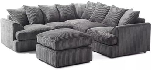Fergasun 5-Seater Jumbo Cord Corner Sofa Grey, Corduroy Fabric + Footstool (5 SEATER + FOOSTOOL)