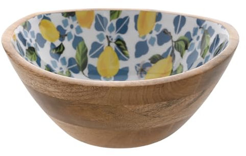 Widdop and Co Country Living - Mango Wood Bowl with Lemons Patterned Interior - Food Safe Dinner Bowl - Kitchen & Dining/Gifting & Homeware - H: 8cm x W: 15cm. (Lemons)