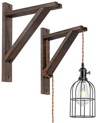 SEEBLEN Rustic Wood Wall Mount Bracket Set, Industrial Pendant Light Hanging Shelf, Farmhouse Triangle Brackets with Cord Kit, Dark Brown, 2-Pack