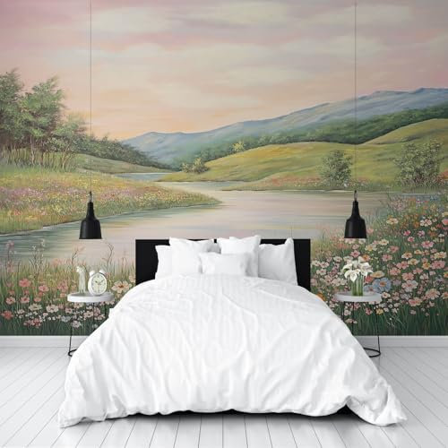 Aquarell Wald Landschaft Fototapete 3D Effekt Blumen Fluss Wiese Wandtapete Schlafzimmer 150x105 cm Vlies Fototapete Tapete Moderne Wanddeko Wohnzimmer Kinderzimmer Dekoration