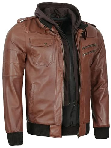 Leatherick Premium Lammfell-Lederjacke für Herren – Abnehmbare Fleecekapuze mit 7 praktischen Taschen und Frontreißverschluss (Schwarz & Braun)