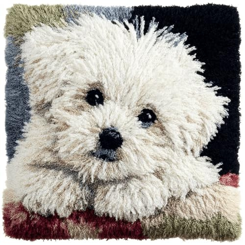 ANSIWEIGO Tier Hund kissen knüpfen set erwachsene,maltesisch Kissen Chunky Kreuzstich Kit Stickerei Nadelspitze Kissen Kit Für Wohnkultur,43x43 cm