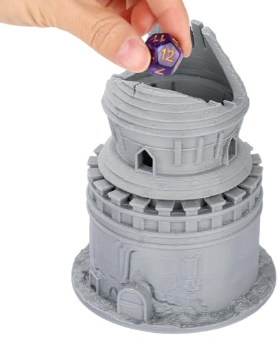 Castle Dice Box, Special Tower-Shaped Container for DND Starter Set, Roomy RPG Accessory with Smart Design, Top DND Gifts for Halloween, Birthdays, Gamers, Polylactic Acid Resin Construction, Grey