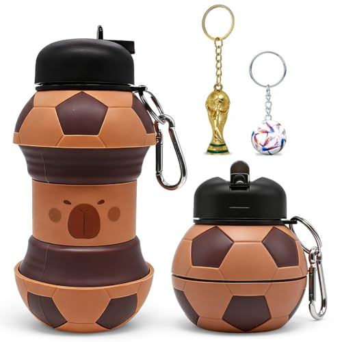 CYGMRFH Bouteille d'eau en Silicone pour Capybara Football Bouteille d'eau de Course Pliable en Silicone avec Porte-clés de football & Trophées,Gourde pour enfants, Gourde pliable (-A)