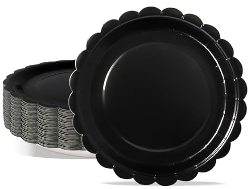 PYAILI 50 pcs platos papel Platos de papel negro de 23cm con borde ondulado | Platos de papel negros con borde ondulado, ideales para fiestas de fin de año, de Año Nuevo y de cumpleaños