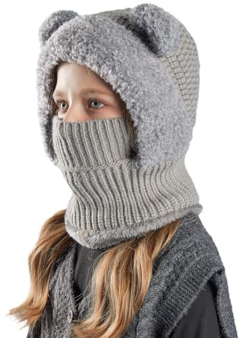 Maeau Mütze Winter Beanie für Kinder Mädchen Jungen 4-10 Jahre Baby Wintermütze Schlupfmütze Gestrickt Fleece mit 2 Bommel Kleinkind 2 in 1 Sturmhaube und Loop Schal Schalmütze Strickmütze Herbst