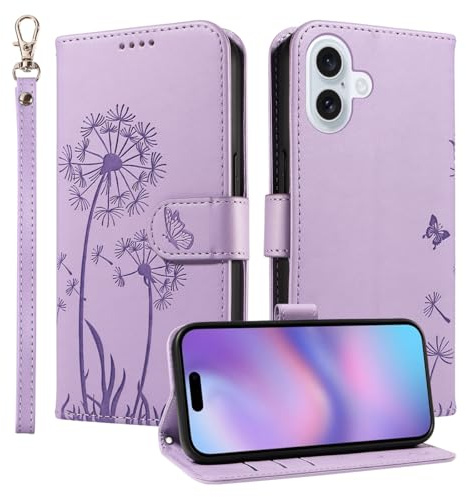 Trugox Wallet Case for Apple iPhone 17 Phone Case Leather Dandelion with Credit Card Holder Purse Kickstand Folio Book Folding Flip Case Cover Women Shockproof - Lilac