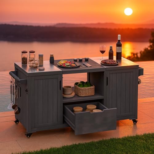 K&K 66.5 Outdoor Kitchen Island for Big Green Egg Grills, Solid Wood Outdoor Grill Cart for Tabletop Grill with Stainless Steel Top, Drawer, Compatible with Large Big Green Egg, Kamado Joe- Grey Blue
