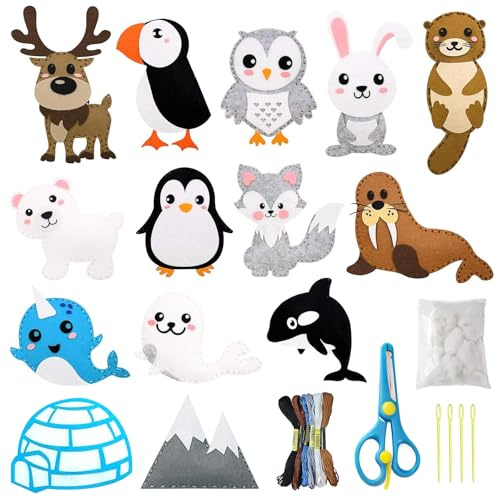 MFUSUL 12 Stück Filz Nähset Polartiere,DIY Nähen Set mit Sicher Kunststoffnadeln & Füllwatte,Komplettes Bastelset für Anfänger, Kreatives Handwerk Geschenk