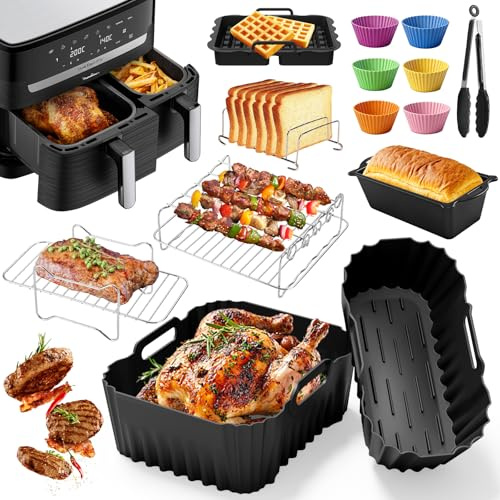 Heißluftfritteuse Zubehör für Tefal Ey9018 Dual Easy Fry 8,3L(5,2+3,1L) | Airfryer Silikonform Zubehör mit Backform Grillrost Kuchenformen für Tower T17099/Salter EK5729