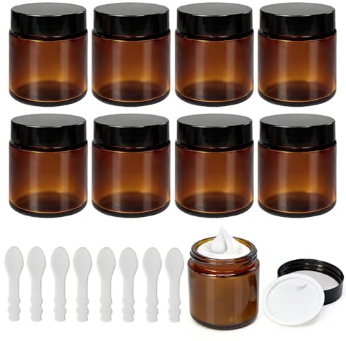 8 Stück Braune Glasbehälter mit Deckel 100ml/100g, Behälter für Kosmetiklotion mit Auslaufsicherem Innendeckel, Breiter, Runder, Glatter Öffnung, Verschließbare Cremebehälter