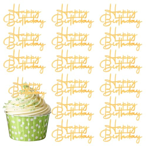 HJZHII 15 Pcs Happy Birthday Cakes Toppers, Gold Happy Birthday Cake Topper Acrylic Cupcakes Topper Party Cake Decorations Gold Cupcake Toppers or Party Celebration Dessert Decor Accessories Supplies