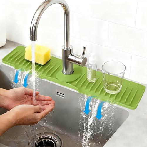 16 Silicone Faucet Mat for Kitchen Sink of The Lastest, Green | 8° Slope Fast Self-draining, Kitchen Sink Water Splash Guard, Behind Faucet Draining Mat, for Bathroom Kitchen Sink Area