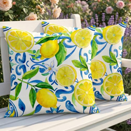Luzzxfa 2er Set Outdoor Kissenbezug 50x50 cm Wetterfest Zitrone Dekokissen Zweiseitiges Muster Sommer Blumen Sofakissen Modern Kissen Leinen Kissenbezüge Dekorative für Sofa Garten Balkon Camping