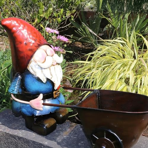 Nain de jardin en métal fabriqué à la main - Statue de jardin décorative pour pelouse et terrasse avec brouette - 40 x 13 x 30 cm