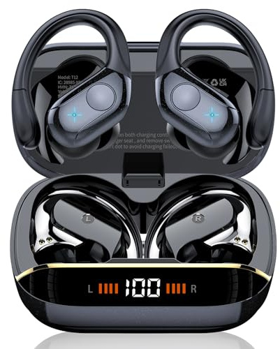 Bluetooth Kopfhörer Sport, 75H, In Ear Kopfhörer Kabellos Bluetooth 5.4, HiFi Stereo, Ohrhörer mit 4 HD ENC Mic, LED Anzeige, IP7 Wasserdicht Wireless Headset Ohrhaken, für Joggen/Arbeiten, Schwarz