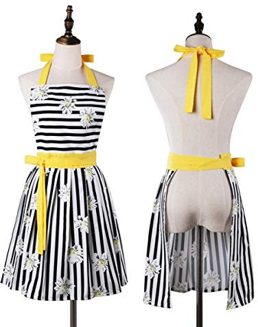 Delantal de cocina con diseño de rayas negras y margaritas a la moda, para mujeres, niñas, esposa, hija (amarillo), negro/amarillo, 23W x 31L
