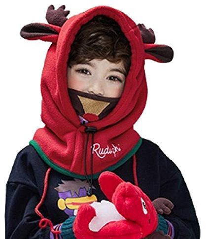 Azarxis Kinder Balaclava, Sturmhaube Winter Mütze Schalmütze Nackenschutz für Mädchen und Jungen (DE/NL/SE/PL, Alphanumerisch, Einheitsgröße, 03 Rot - Elch)