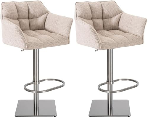 CLP 2er Set Barhocker Damaso Stoffbezug I Gepolsterte Barstühle höhenverstellbar und drehbar I Tresenstühle mit Rückenlehne, Farbe:Elfenbein, Gestell Farbe:Edelstahl