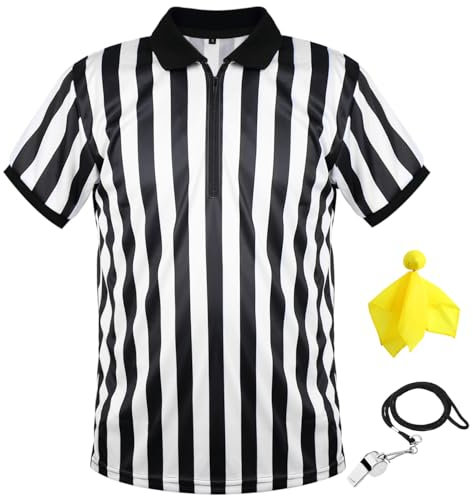 Herren Offiziell Schiedsrichter Trikot, Schwarz Weiß Streifen Hemd mit Umgedrehtem Kragen, Gelb Elfmeter Flagge und Edelstahl Pfeife mit Lanyard für Basketball Fußball (XL)