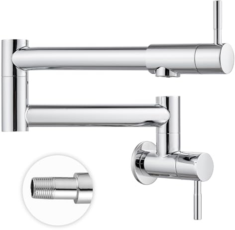 Heyalan Kitchen Restaurant Faucet Polished Chrome 19 Inch Wall Mounted Folding Stretchable Double Joint Swing Arm Single Hole Two Handles Commercial NPT Stainless Steel Pot Filler