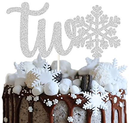 Shining Silver Snowflakes Two Cake Topper ， Frozen Cake Topper 2nd Birthday , Winter Wonderland Snow Cake decor , Wonderland Princess Happy Birthday Cake Decoration . ....