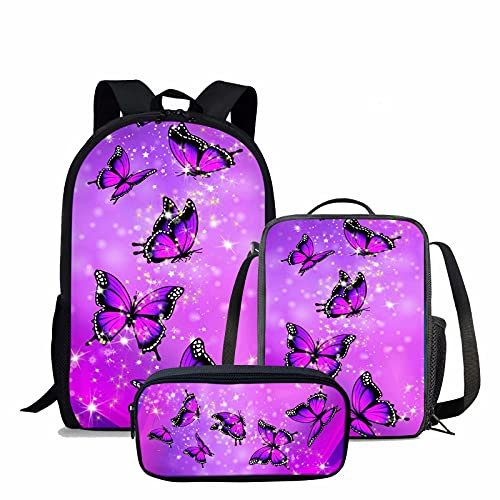 NETILGEN Leichter, glänzender, lila Schmetterlings-Reiserucksack für Teenager-Frauen, einschließlich Outdoor-Wander-Picknick-Lunch-Tasche, Hipster-Rucksack und Kosmetiktasche