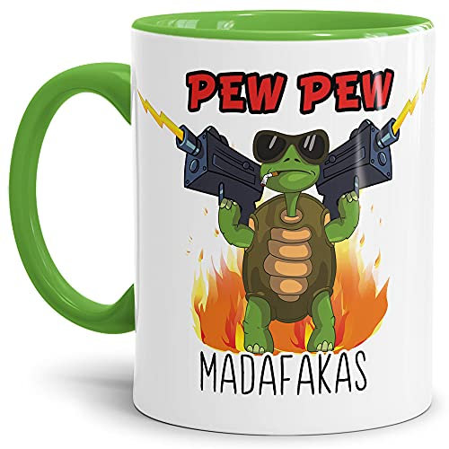 Tasse mit lustigem Spruch - Pew Pew Madafakas - Schießende Schildkröte - Witziges Geschenk für Freunde, Kollegen, Kaffeetasse - Keramik Innen & Henkel Hellgrün, 300 ml