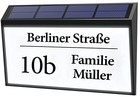 Bl4ckPrint Numéro de maison lumineux solaire personnalisé avec 10 LED - Personnalisable - Avec numéro de rue et nom de famille - Noir